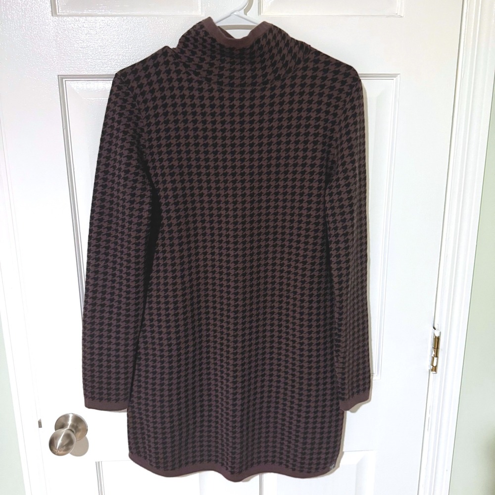 Title Nine Merino Wool Houndstooth Mock Neck Sweater Tunic Brown Black Medium